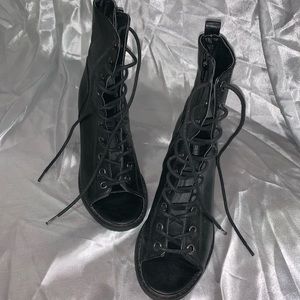 Leather Open Toe Lace Up Bootie